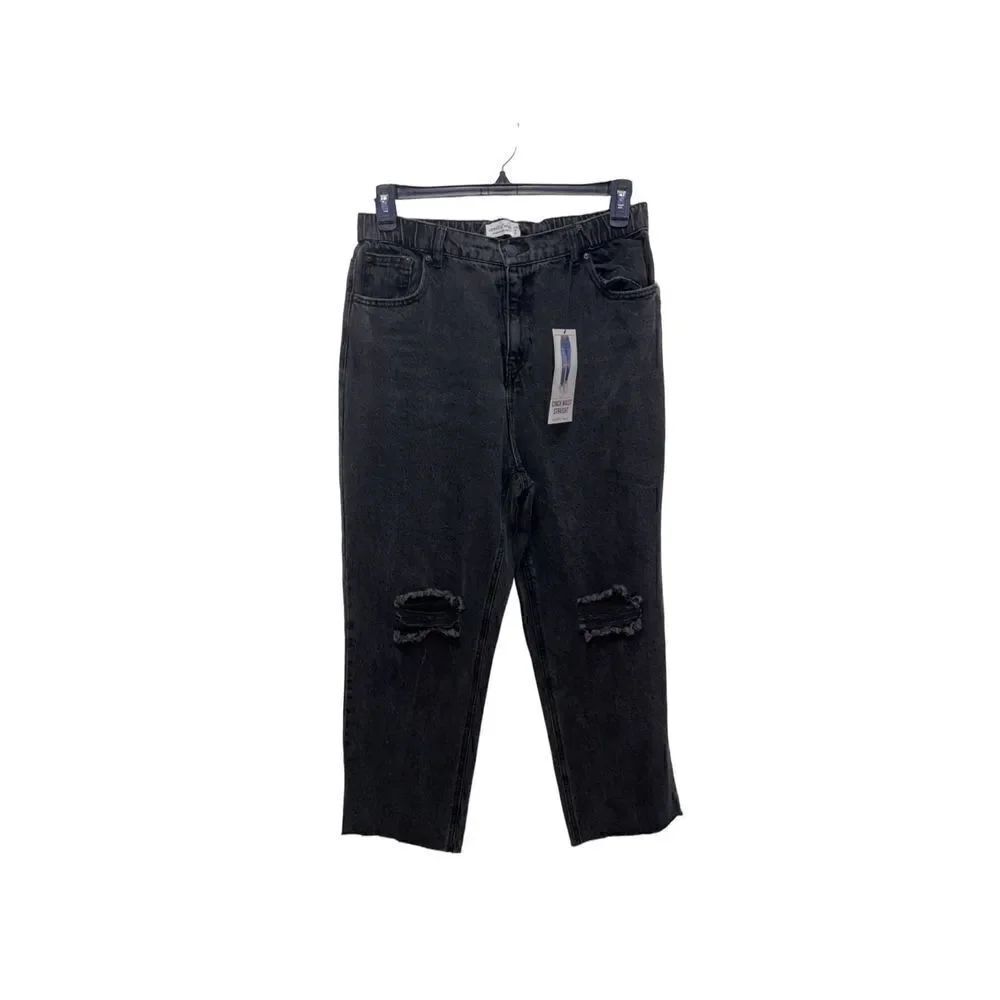 NWT Vanilla Star Jeans Cinch Waist Straight Black Distressed Jeans 13/31 Regular